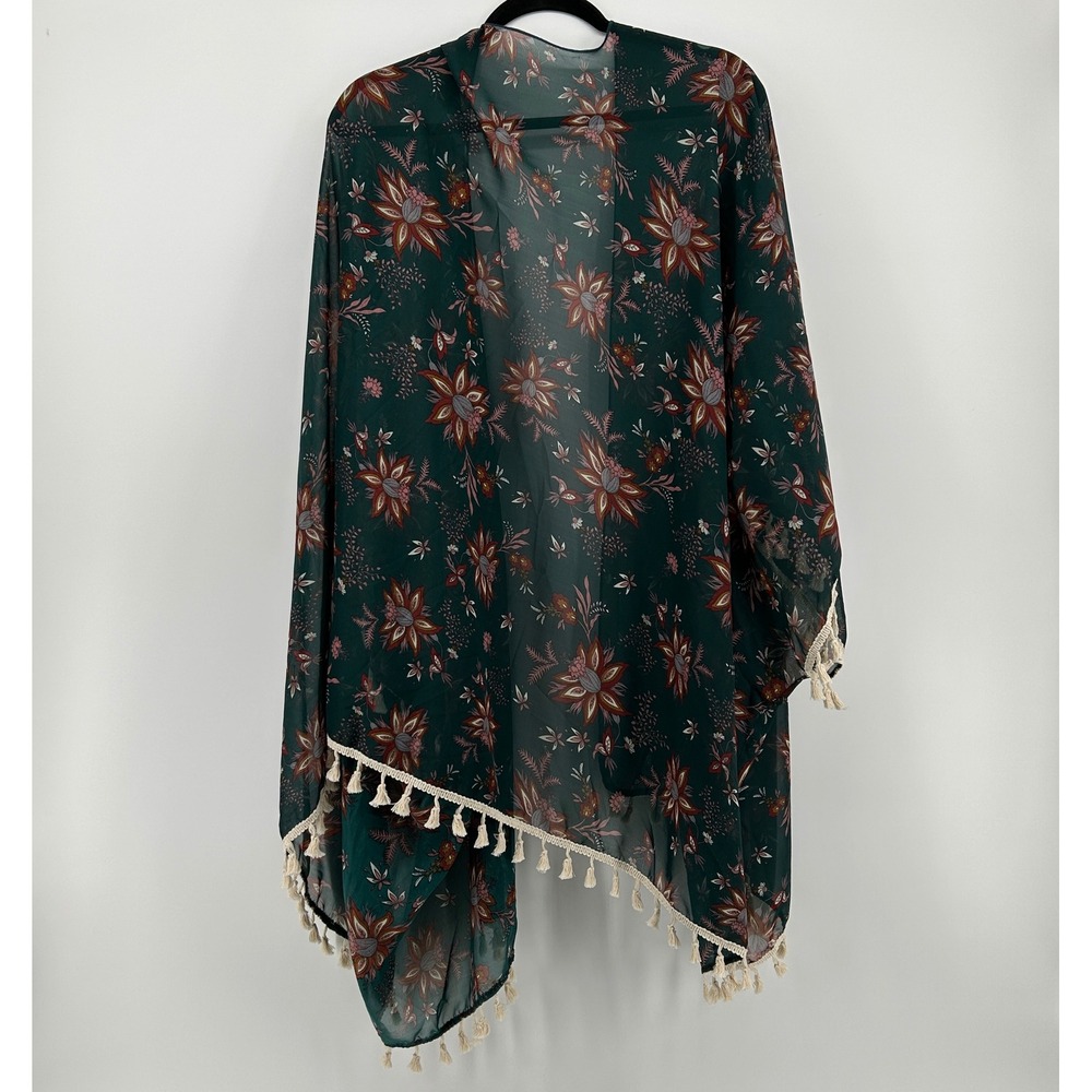 SHEIN Curve Floral‎ Kimono Swim Coverup Dark Green Tassel Trim 4XL Boho Festival - Picture 7 of 7